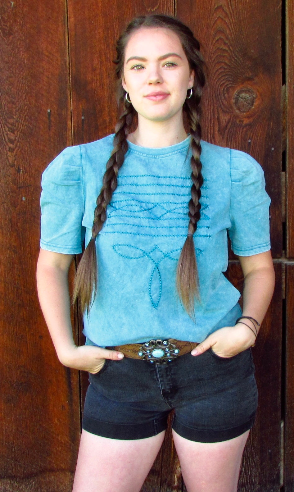 Boot Stitch Tee- Turquoise