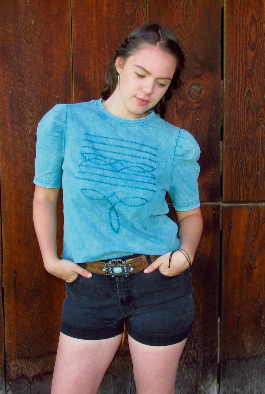 Boot Stitch Tee- Turquoise